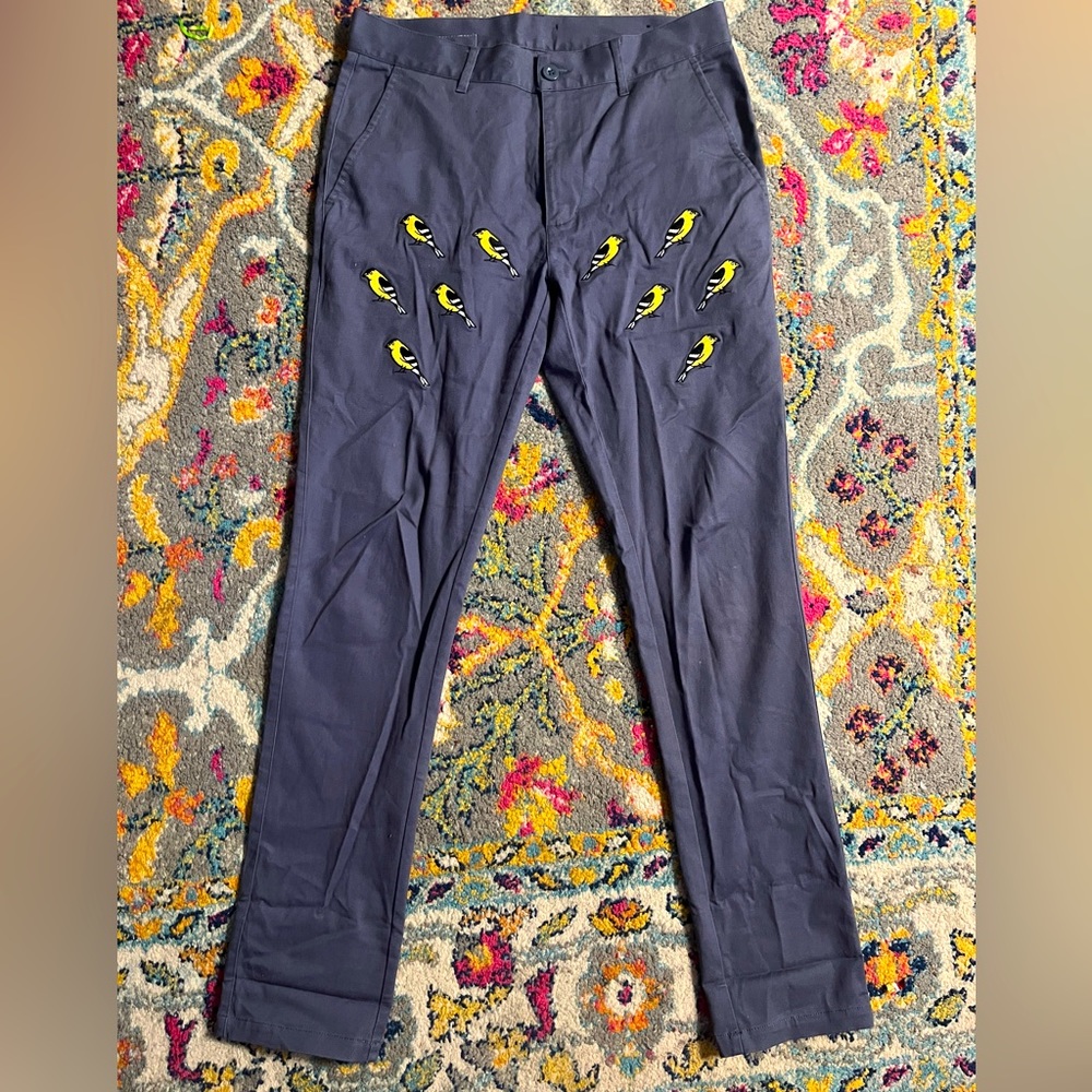 ETCETERA Rare wear Blue Pants Embroidered Birds Small